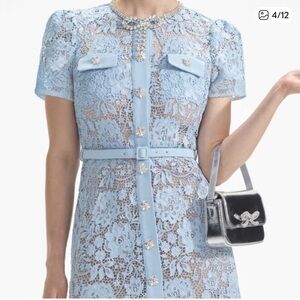 Self Portrait Blue Lace Diamante Bow Mini Dress